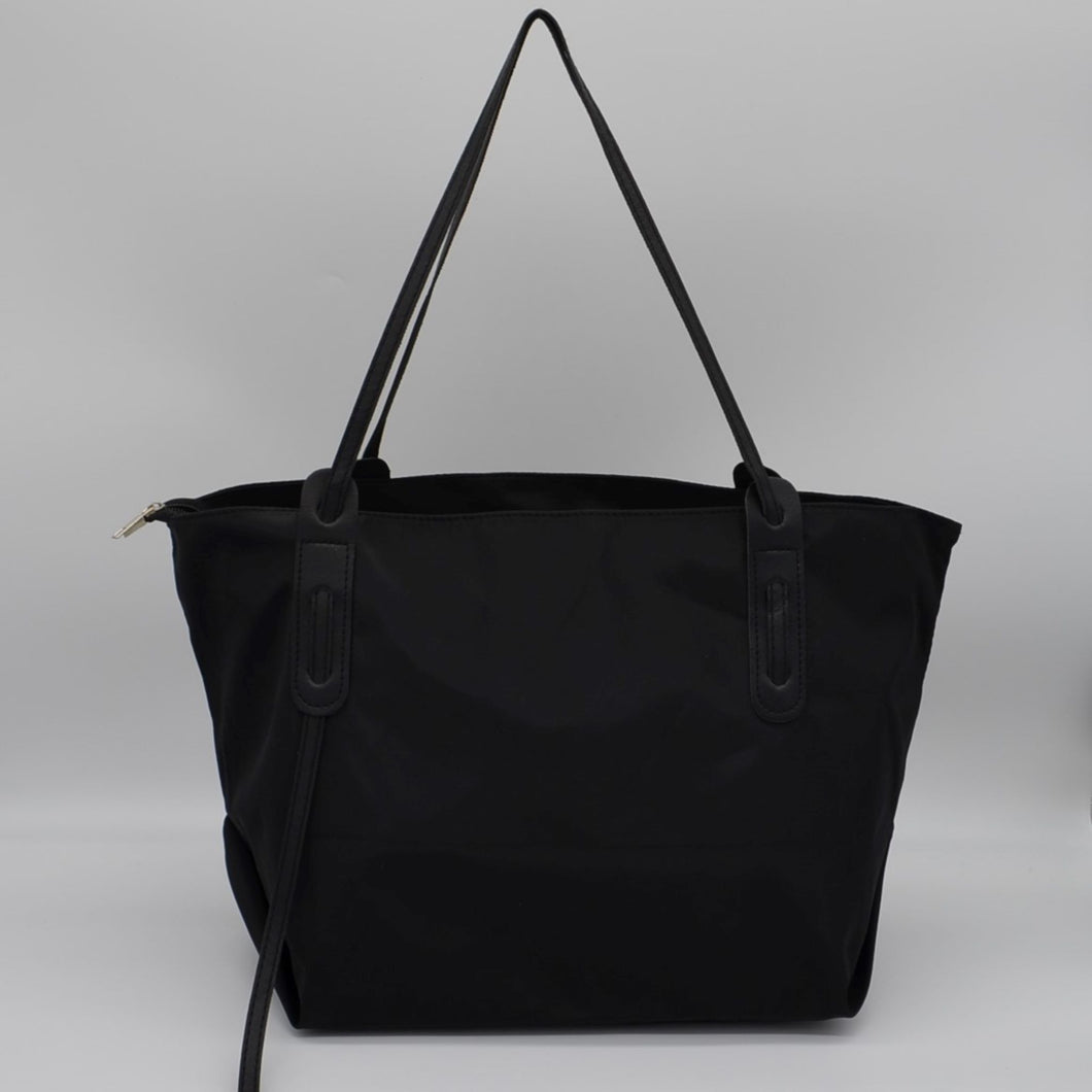 Soft Leather Trim Medium Lightweight Nylon Tote BLACK