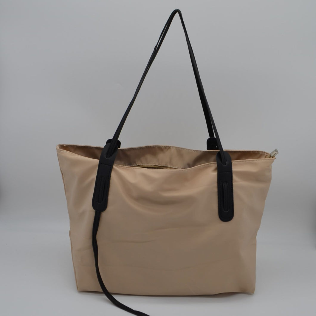 Soft Leather Trim Medium Lightweight Nylon Tote BEIGE